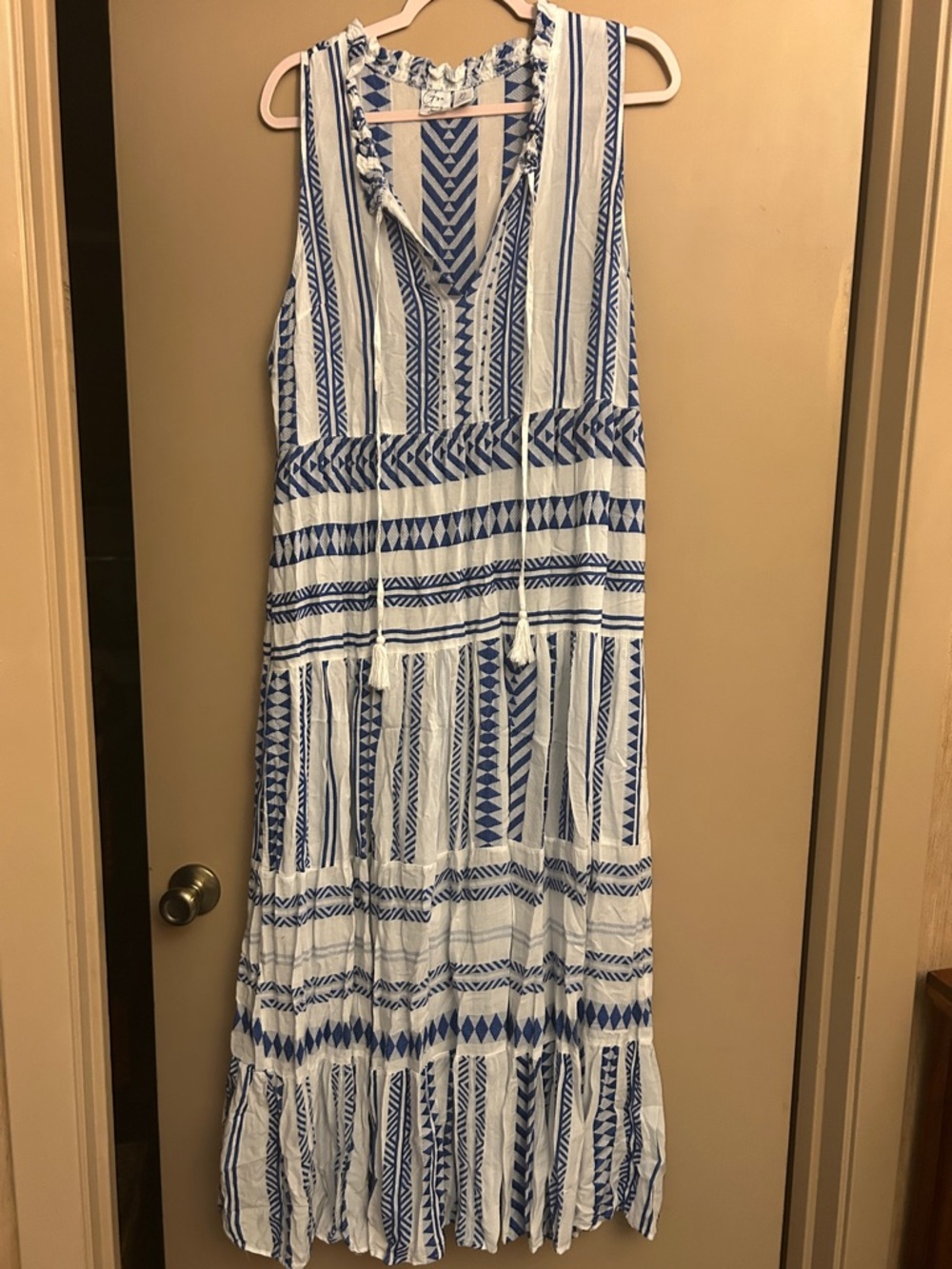 Blue & White Sleeveless Printed Maxi Dress with Tassel Tie